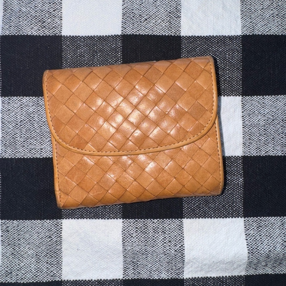 Tan Woven Leather Wallet Compact Design